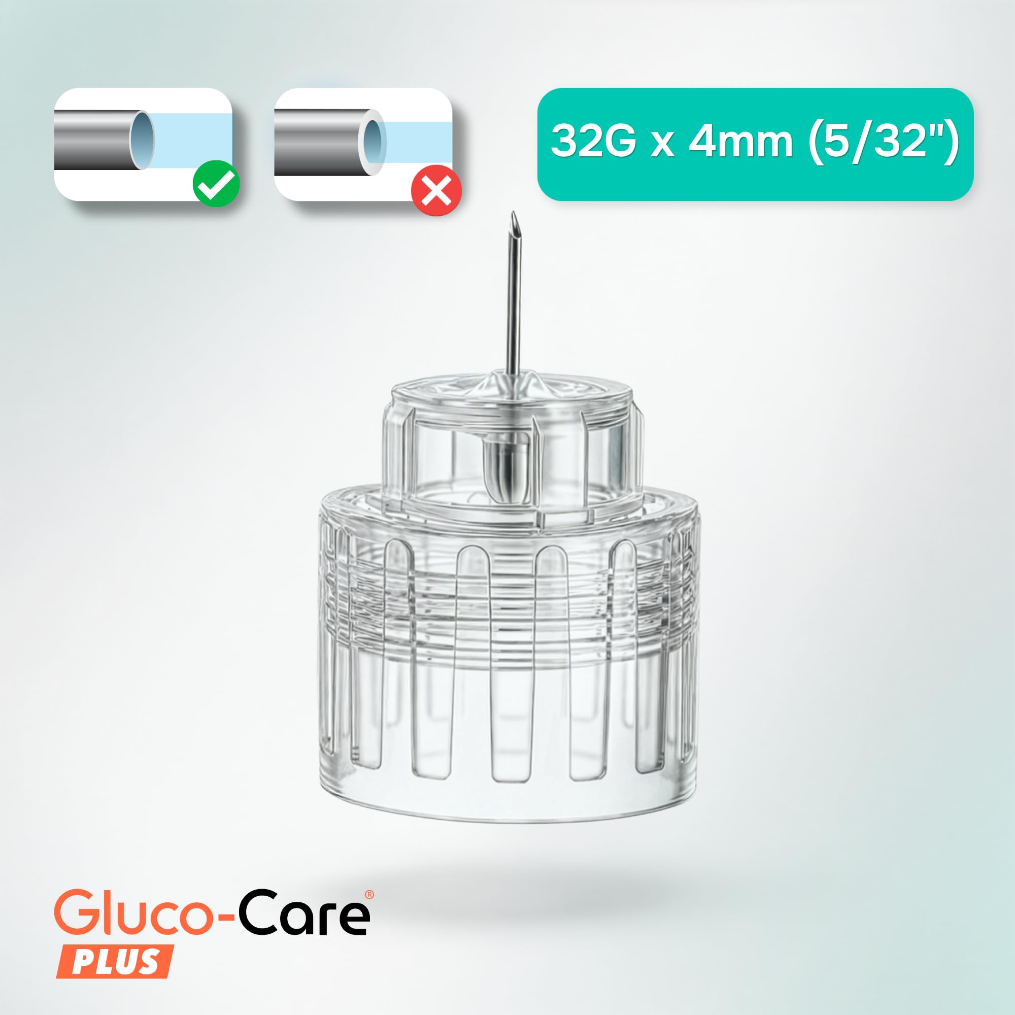 GLUCO-CARE primer plano de puntas 32G x 4mm mostrando perfil delgado