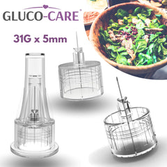 GLUCO-CARE punta 31G x 5mm en primer plano, muestra el acabado electropulido