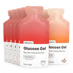 GlucoAid vista frontal del paquete variedad de 20 unidades mostrando conveniencia