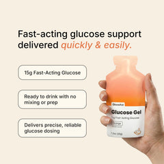 GlucoAid primer plano del sobre y textura del gel para vérificación rápida