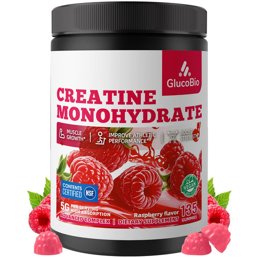 GlucoBio frasco frontal mostrando 135 gomitas, conveniencia portátil
