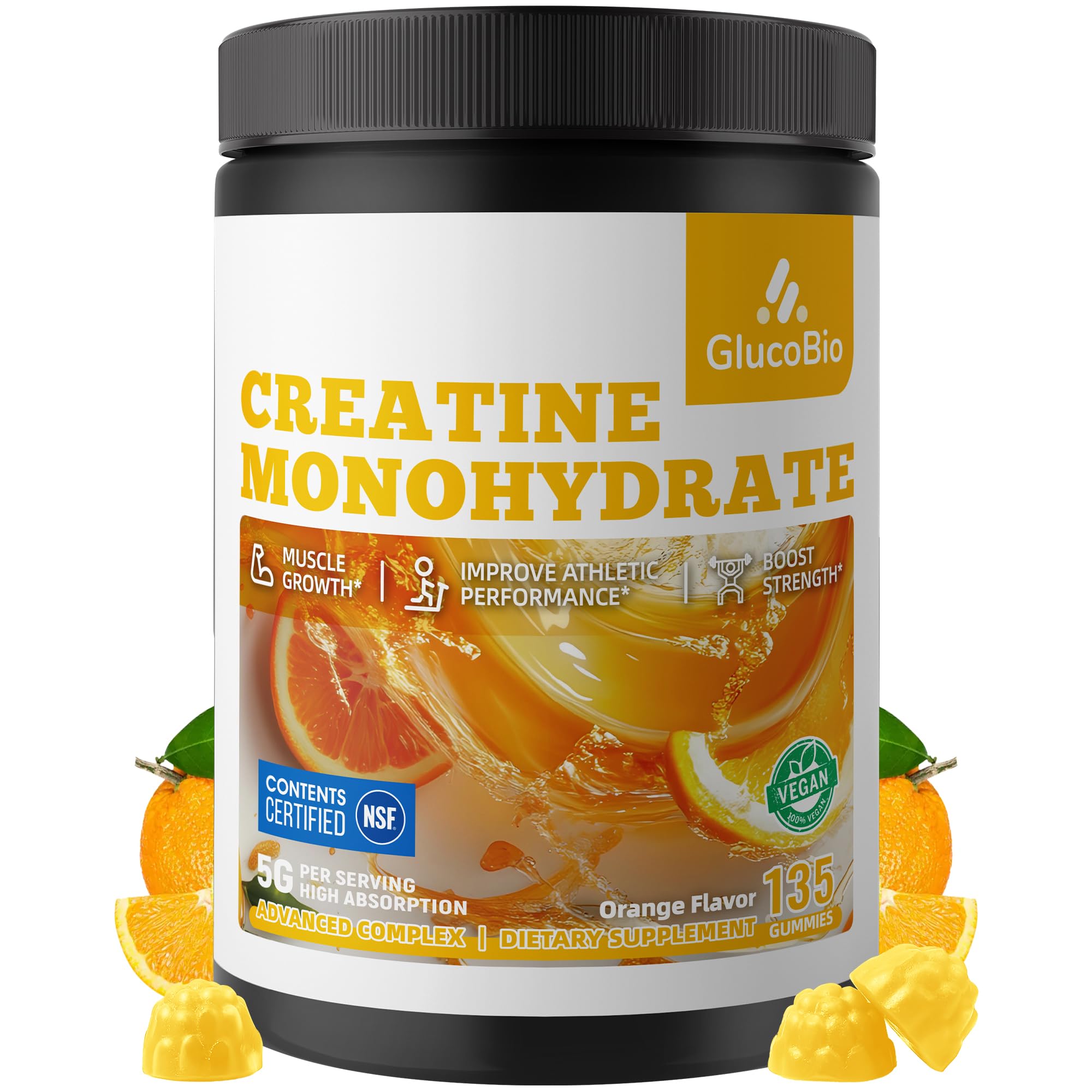 GlucoBio frasco frontal mostrando 135 gomitas y beneficio conveniencia