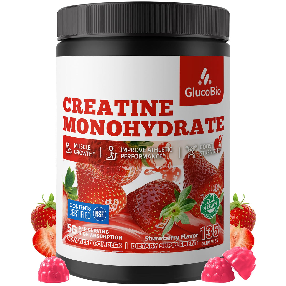 GlucoBio frasco frente mostrando 135 gomitas y beneficio conveniencia