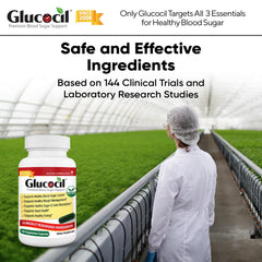 Glucocil junto a un plato con carbohidratos indicando uso con comidas