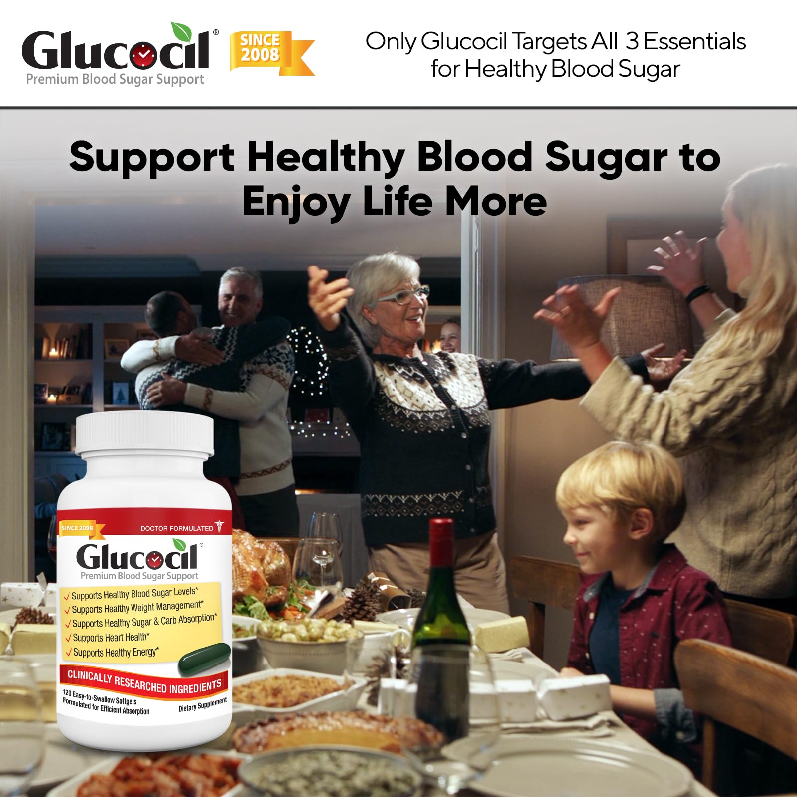 Glucocil softgels junto a un vaso para ilustrar modo de consumo