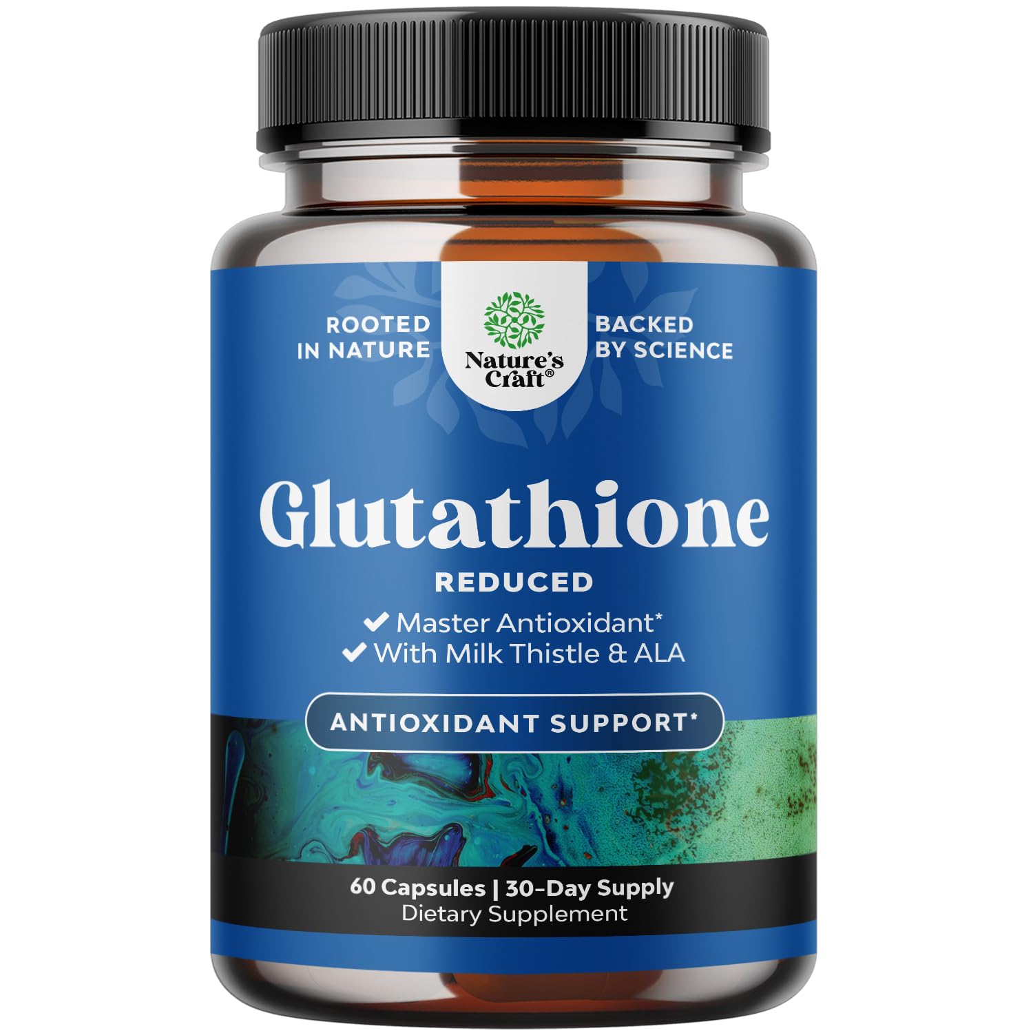 Suplemento Reduced Glutathione frontal del envase, mostrando presentación y ventaja vegana