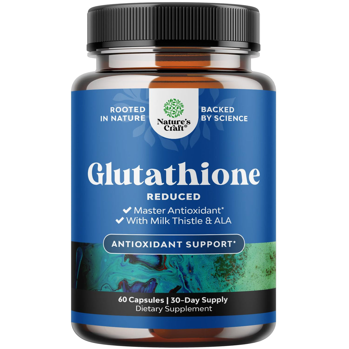 Suplemento Reduced Glutathione frontal del envase, mostrando presentación y ventaja vegana
