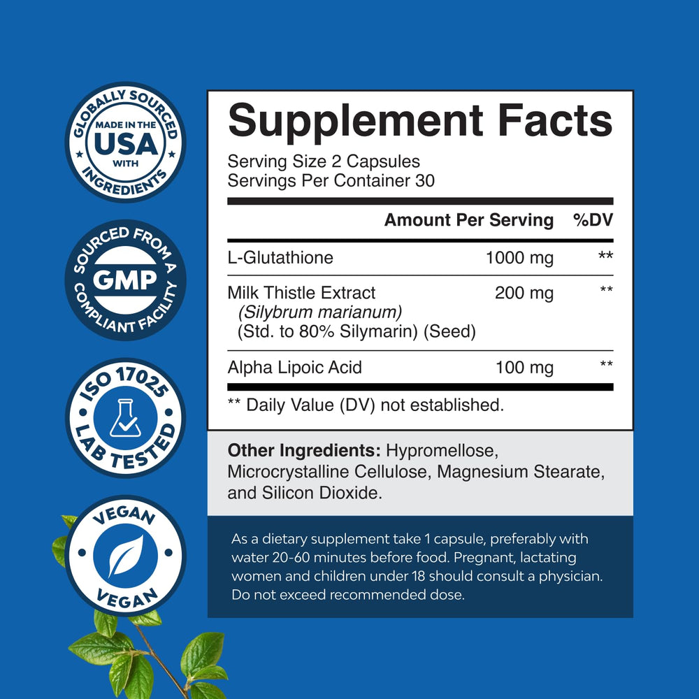 Extracto de cardo mariano y componentes naturales junto a Reduced Glutathione resaltando origen herbal