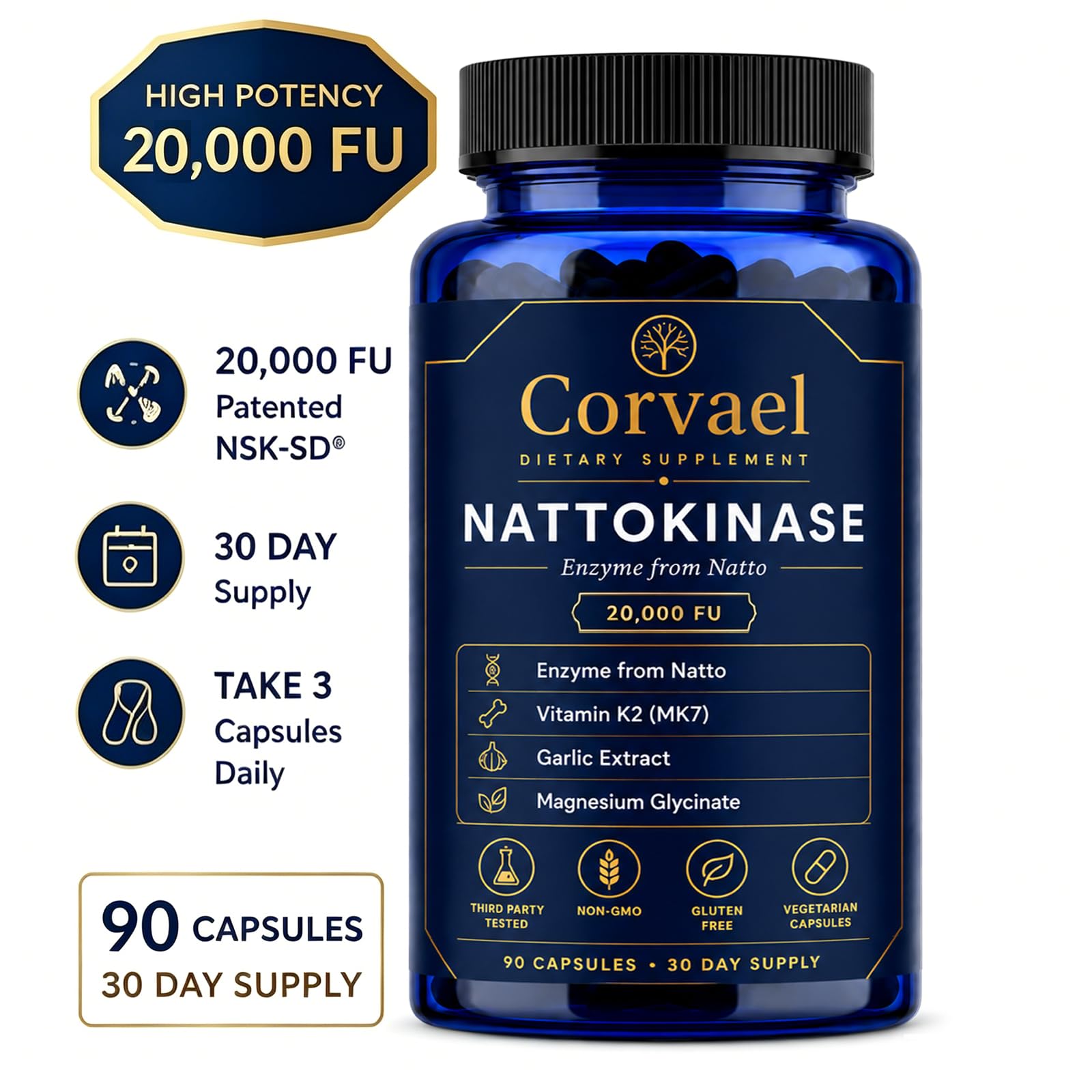 GMDPFHV Corvael primer plano de etiqueta con detalles de 20,000 FU y pureza