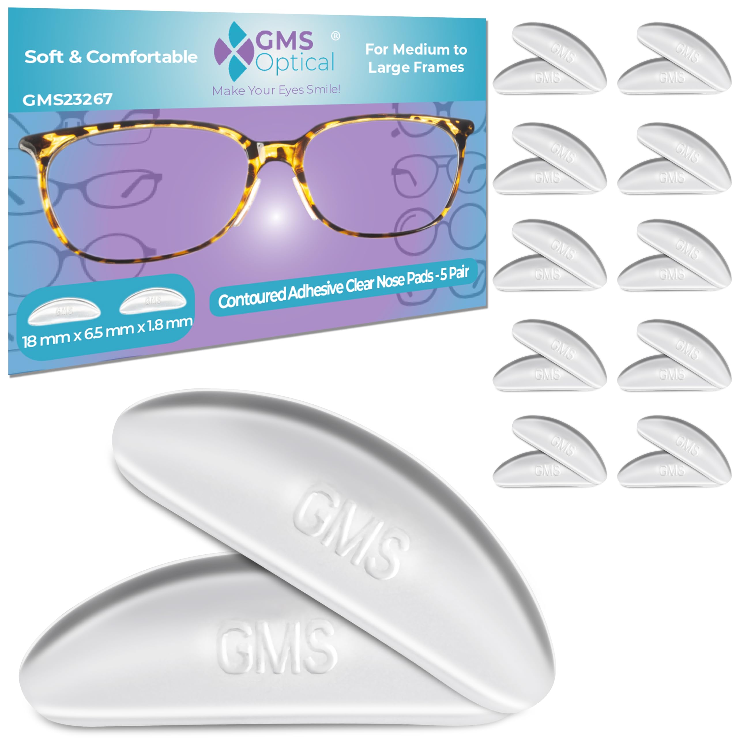 GMS Optical frente del empaque mostrando 10 pares y beneficio de reposición rápida