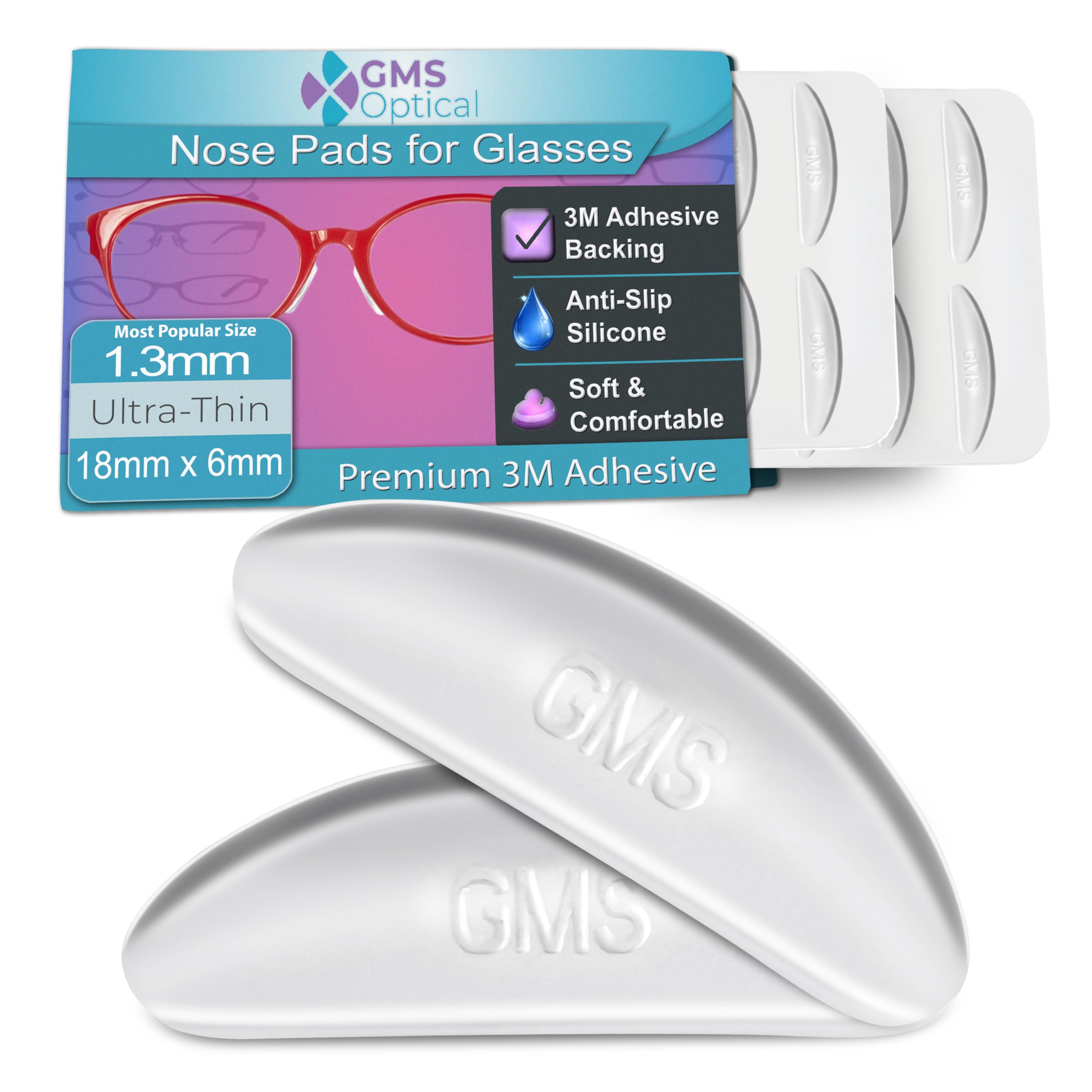 GMS Optical empaque frontal mostrando 10 pares y beneficio reemplazo cómodo
