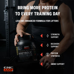 GNC AMP New Wheybolic polvo en primer plano mostrando fineza y solubilidad