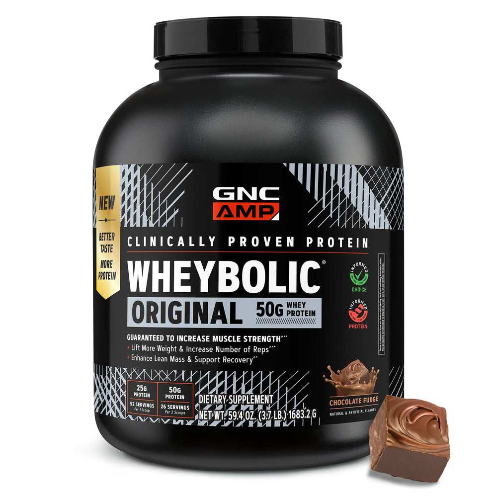 GNC envase frontal del producto mostrando diseño y sabor Chocolate Fudge