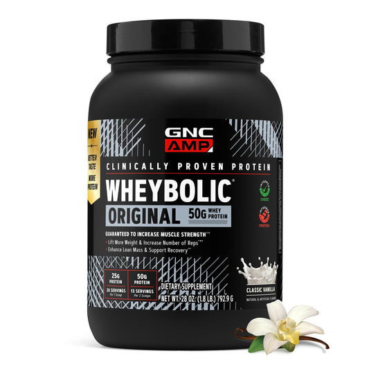 GNC AMP New Wheybolic envase frontal mostrando sabor y ración para conveniencia