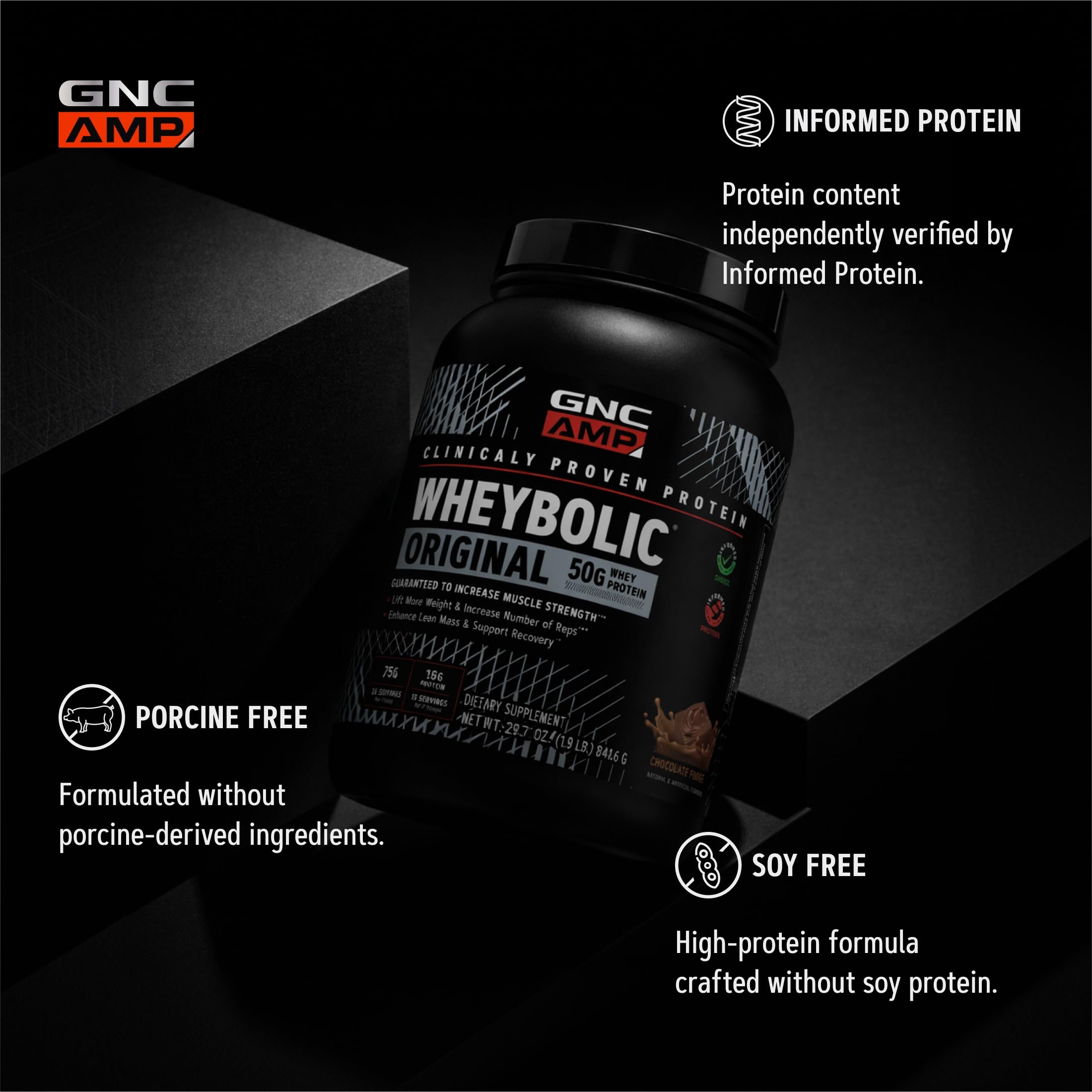 GNC etiqueta nutricional con información de proteínas y leucina por servicio