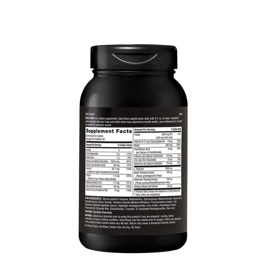 GNC ArginMax primer plano de un comprimido, detalle de la textura y el recubrimiento para apreciación de calidad