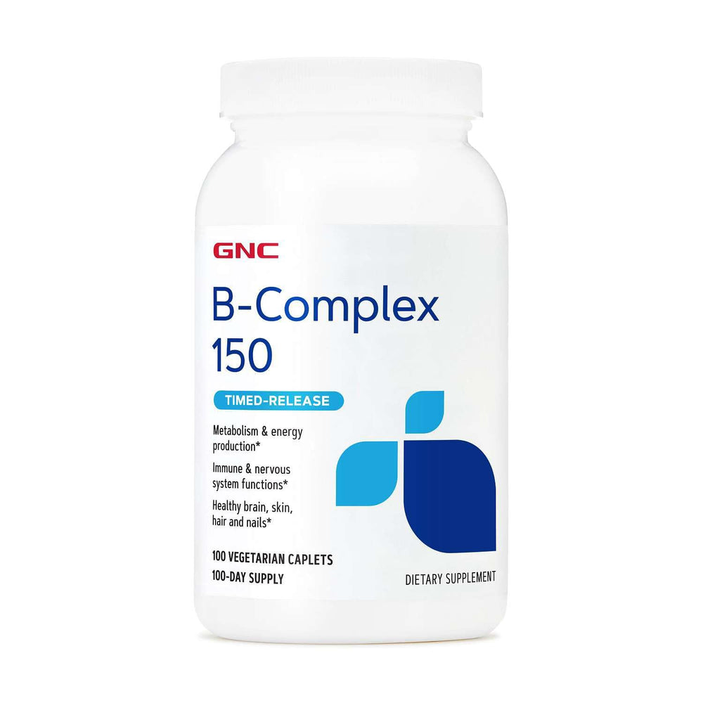 GNC frasco frontal con B-Complex 150 mostrando etiqueta y beneficio energético