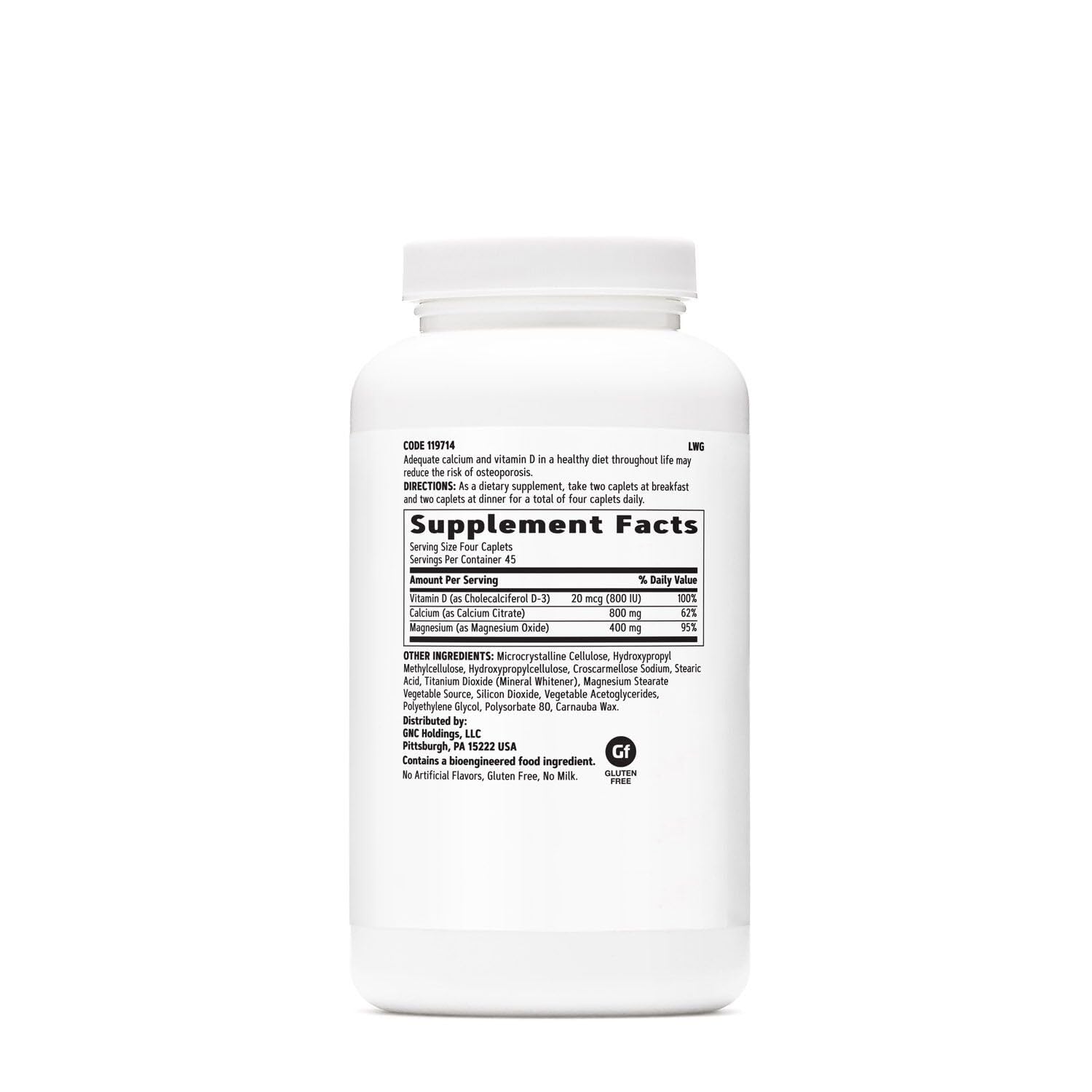 Primer plano de caplet GNC Calcium Citrate Plus destacando textura y fácil de tragar