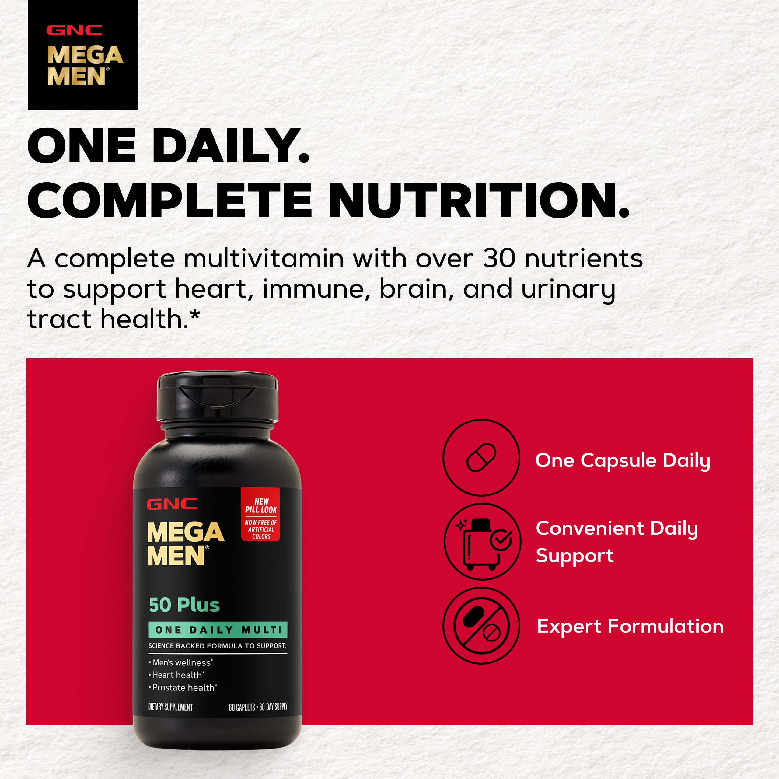 GNC envase abierto mostrando capletas, conveniente toma diaria