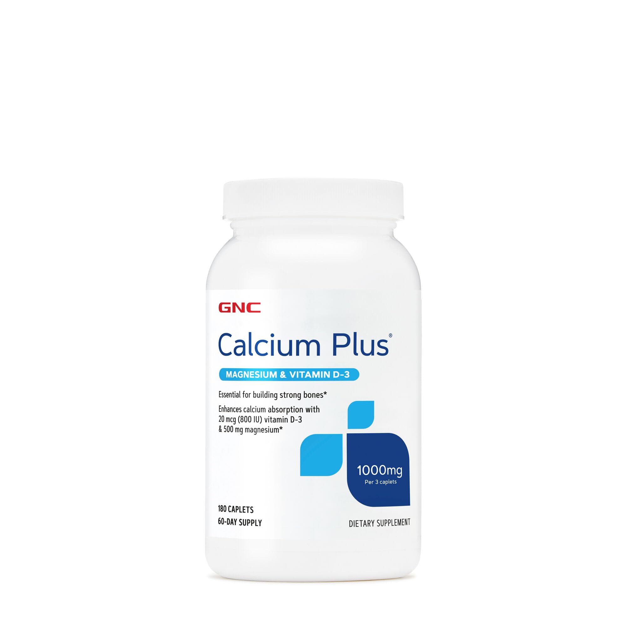 GNC envase frontal de Calcium Plus Magnesium & Vitamin D‑3 mostrando beneficios