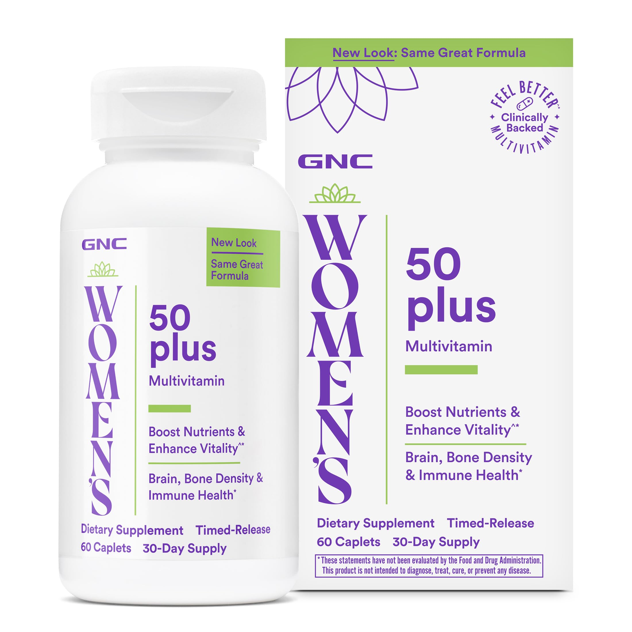 GNC empaque frontal del multivitamínico 50 Plus mostrando conveniencia