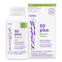 GNC empaque frontal del multivitamínico 50 Plus mostrando conveniencia