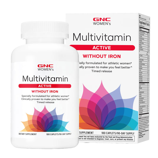 GNC frontal del empaque Women Active mostrando beneficios y sin hierro