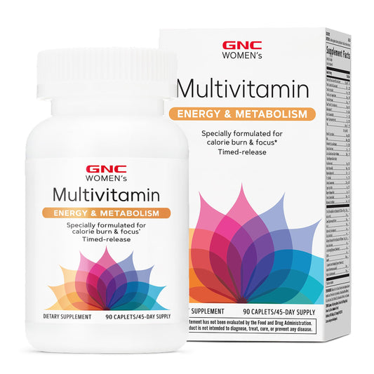 GNC envase frontal del multivitamínico destacando energía y metabolismo