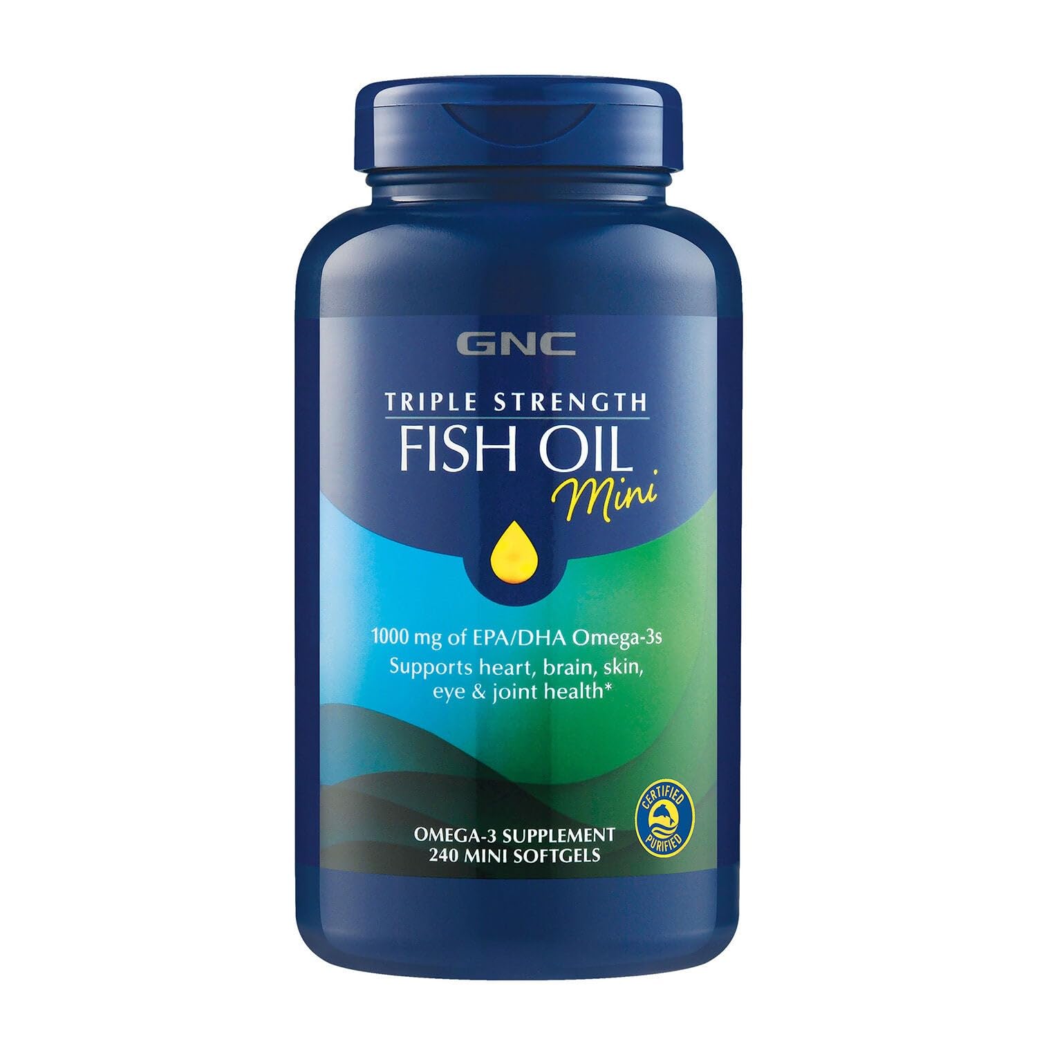 GNC envase frontal Triple Strength Fish Oil Mini mostrando 240 cápsulas y beneficios