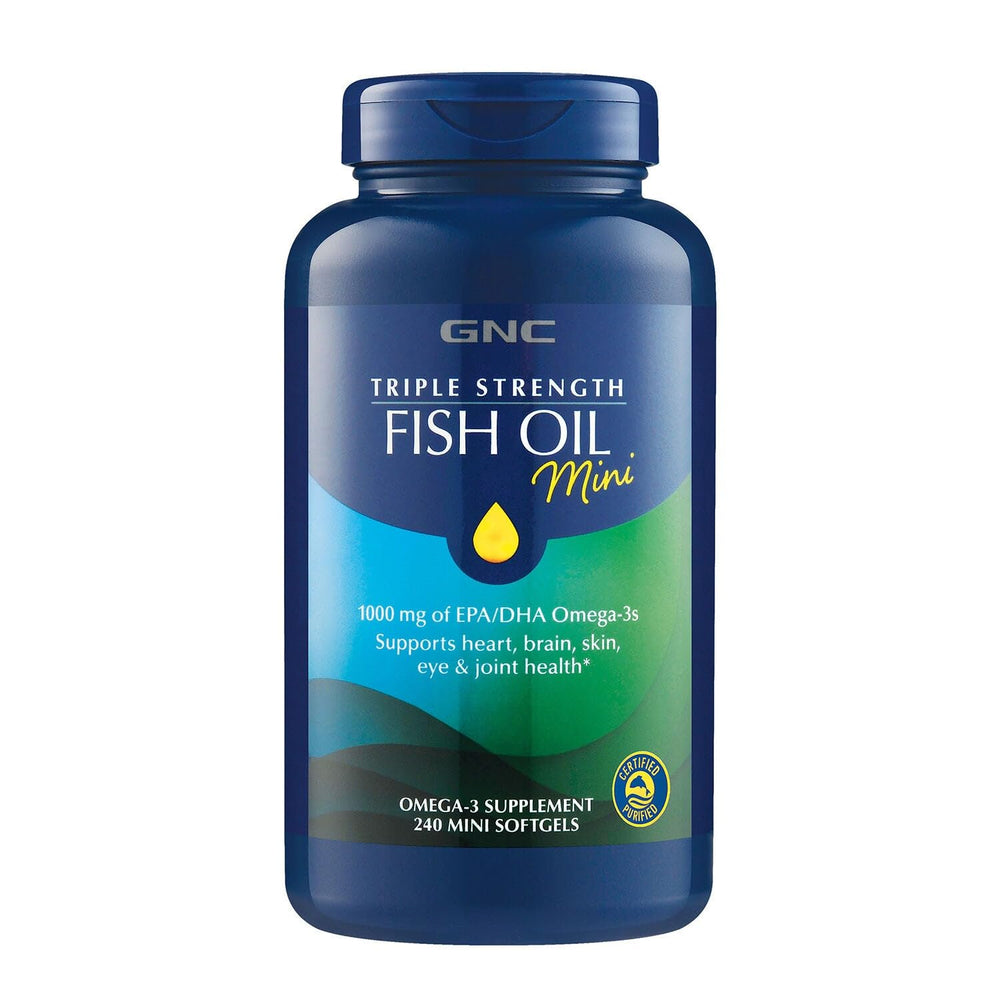 GNC envase frontal Triple Strength Fish Oil Mini mostrando 240 cápsulas y beneficios