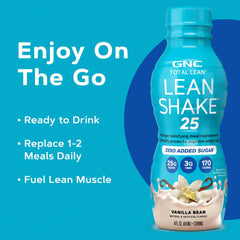 Botella de GNC Lean Shake 25 en mesa de desayuno para ilustrar uso como reemplazo de comida