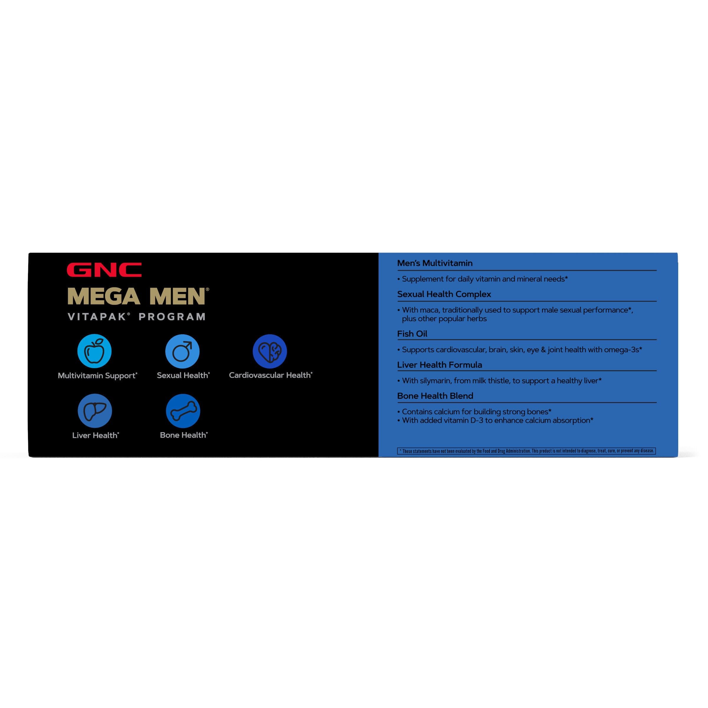 GNC Mega Men 40+ foco en ingredientes del Vitapak, transparente sobre contenido