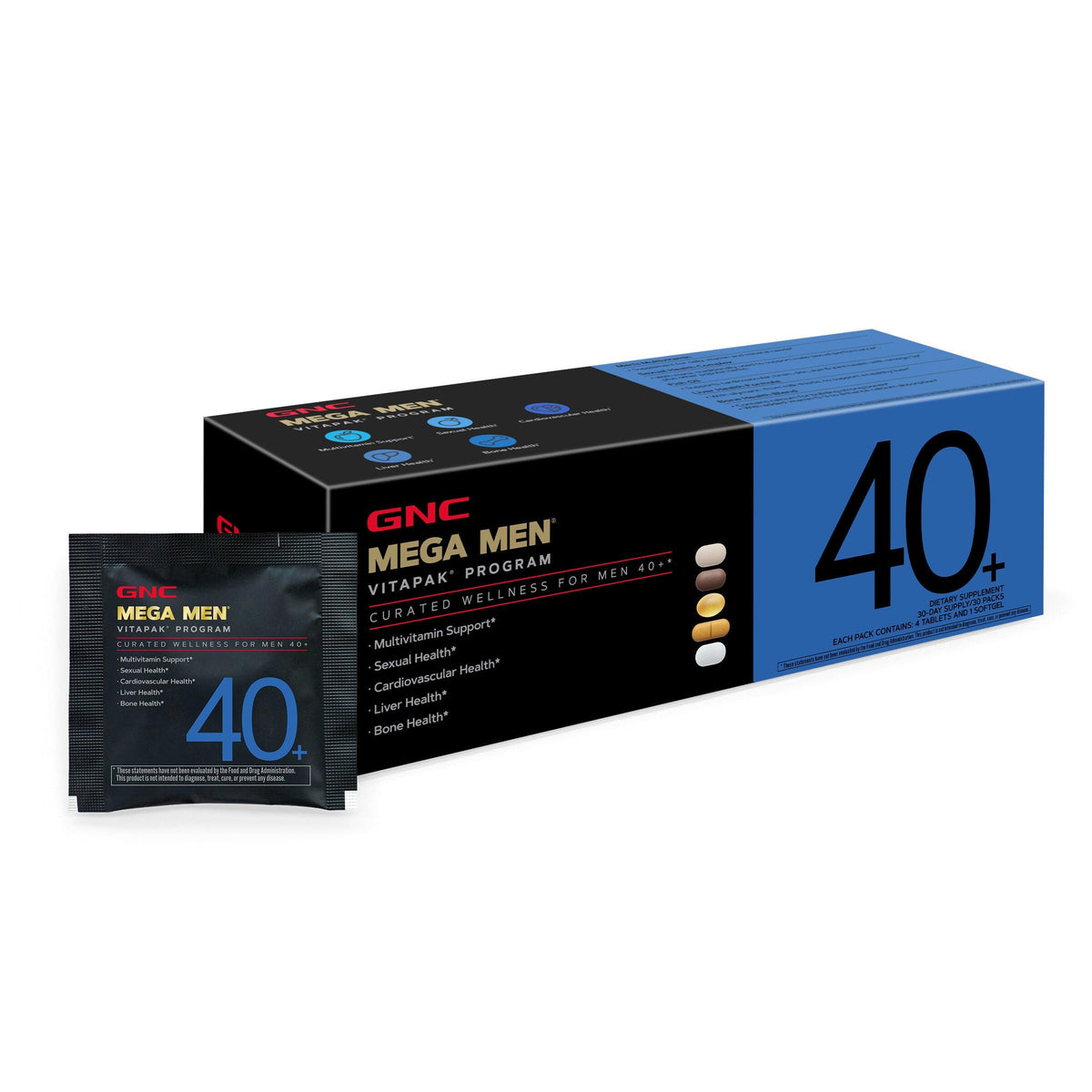 GNC Mega Men 40+ envase frontal mostrando pack, facilita la organización diaria