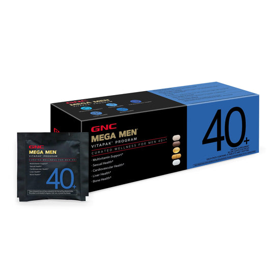 GNC Mega Men 40+ envase frontal mostrando pack, facilita la organización diaria