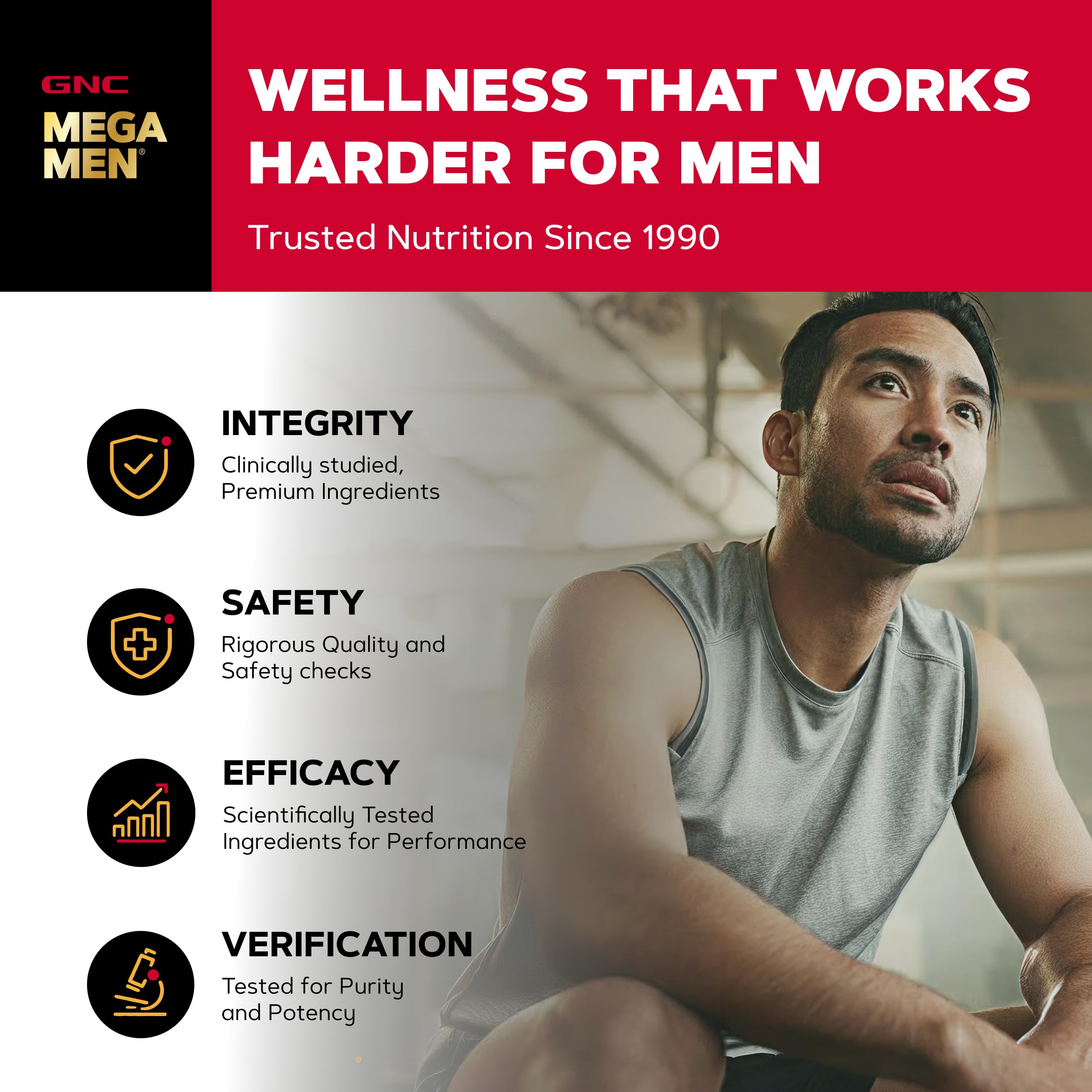 Comprimidos de GNC Mega Men 50 Plus desplegados sobre mesa para ver textura y cantidad