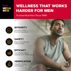 Comprimidos de GNC Mega Men 50 Plus desplegados sobre mesa para ver textura y cantidad