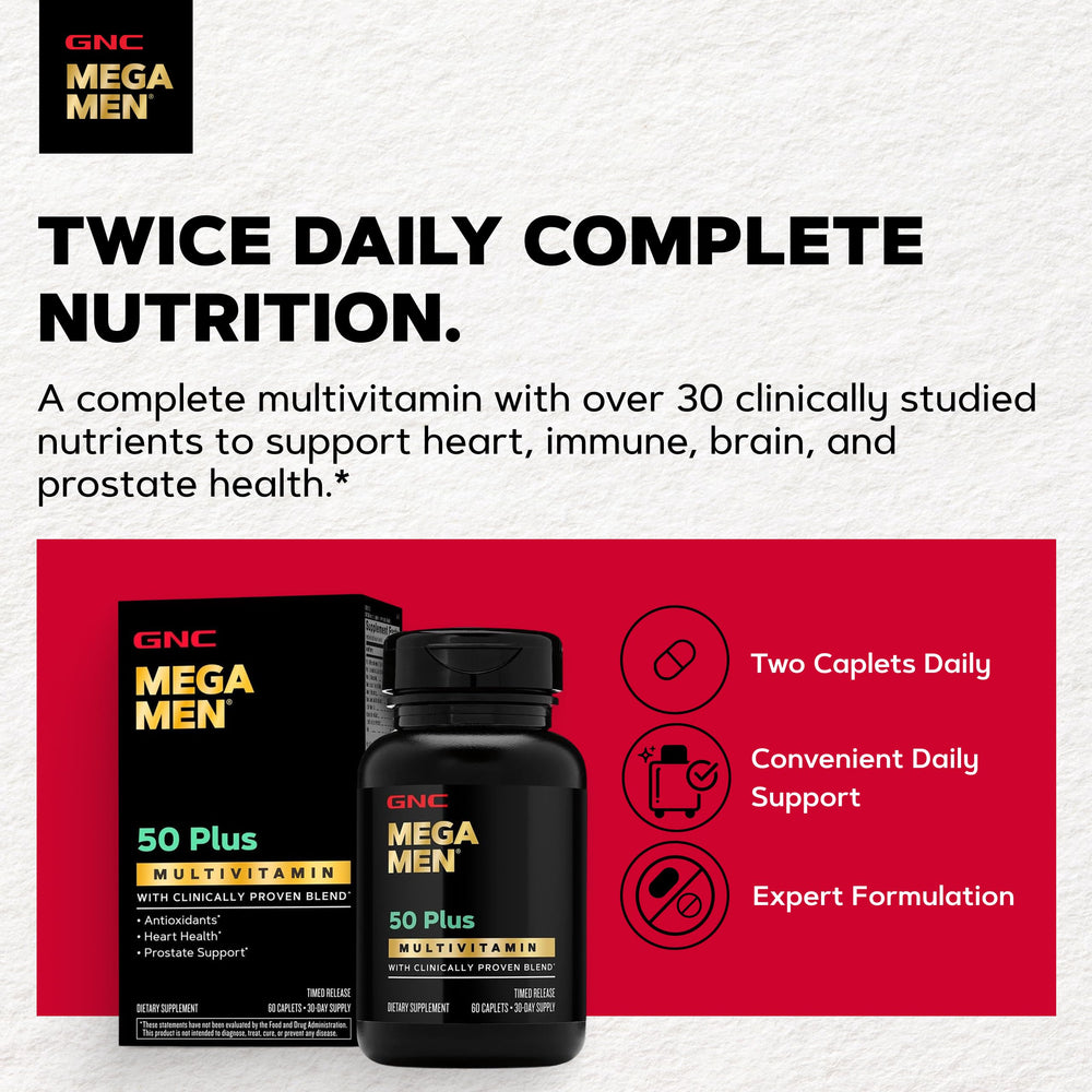 Etiqueta nutricional de GNC Mega Men 50 Plus con información de ingredientes clave
