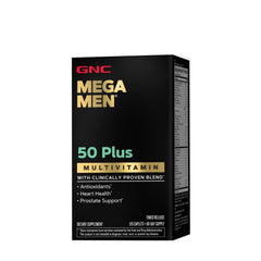 GNC Mega Men 50 Plus frasco delantero mostrando etiqueta y beneficio antioxidante