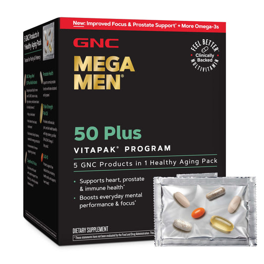 GNC Mega Men 50 Plus frontal mostrando el envase y conveniencia