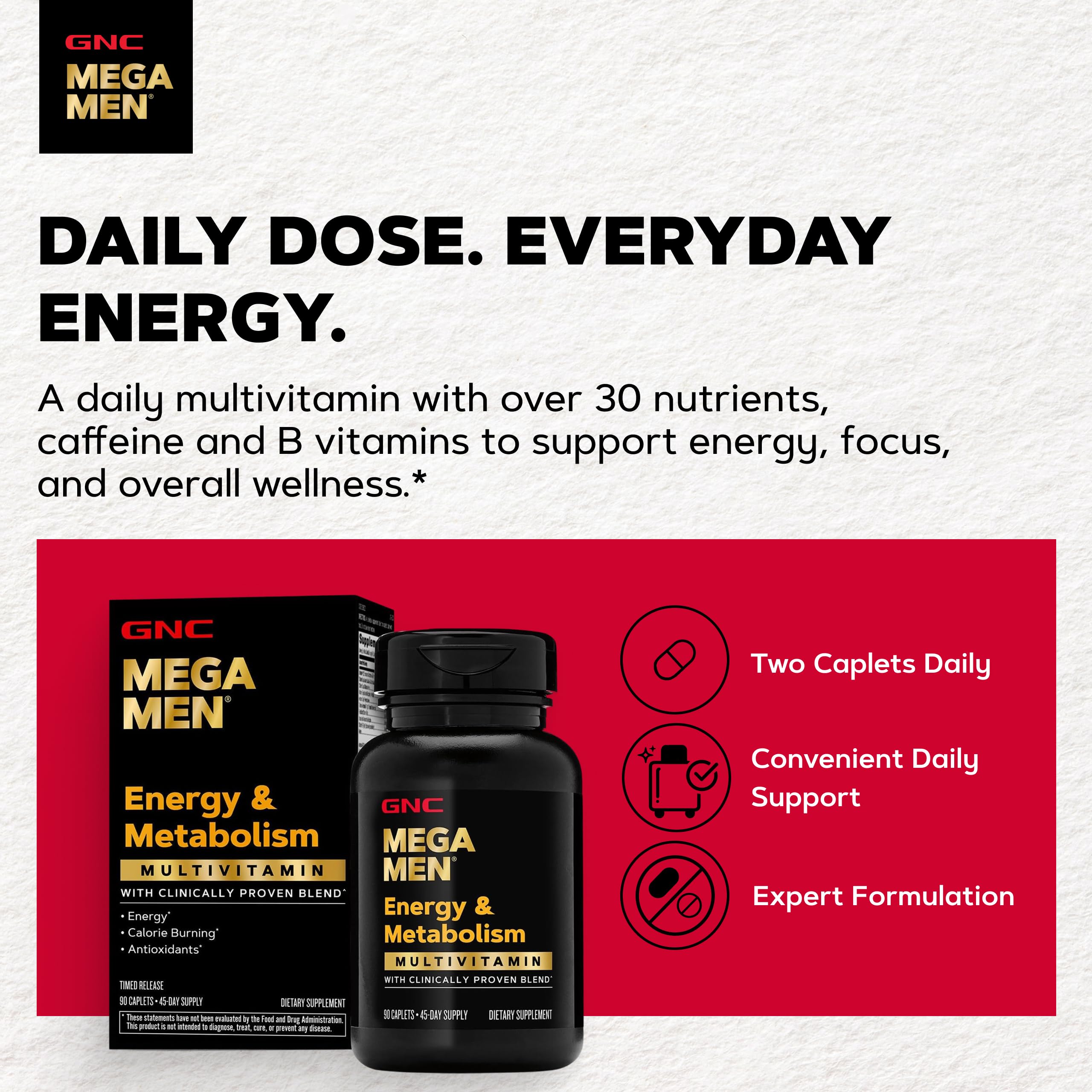 GNC Mega Men cápsulas distribuidas sobre superficie enfatizando conveniencia de suministro