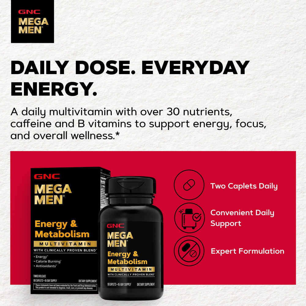 GNC Mega Men cápsulas distribuidas sobre superficie enfatizando conveniencia de suministro