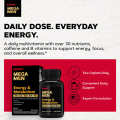 GNC Mega Men cápsulas distribuidas sobre superficie enfatizando conveniencia de suministro