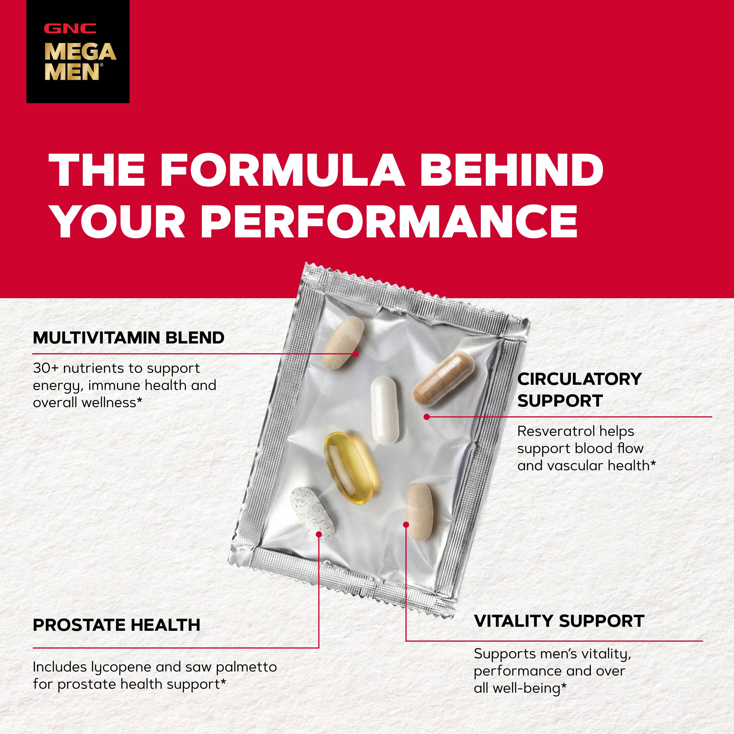 GNC Mega Men etiqueta nutricional enfocada, muestra ingredientes y dosis