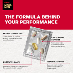 GNC Mega Men etiqueta nutricional enfocada, muestra ingredientes y dosis