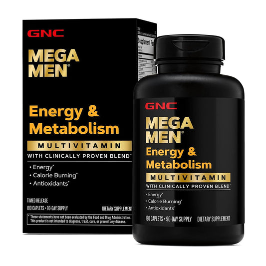 GNC Mega Men frente del empaque mostrando 180 comprimidos y confianza de marca