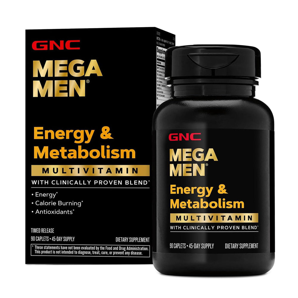 GNC Mega Men frente del envase mostrando 90 cápsulas y beneficio de energía