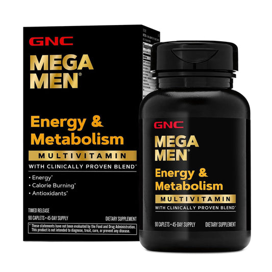 GNC Mega Men frente del envase mostrando 90 cápsulas y beneficio de energía