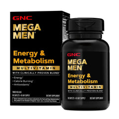 GNC Mega Men frente del envase mostrando 90 cápsulas y beneficio de energía
