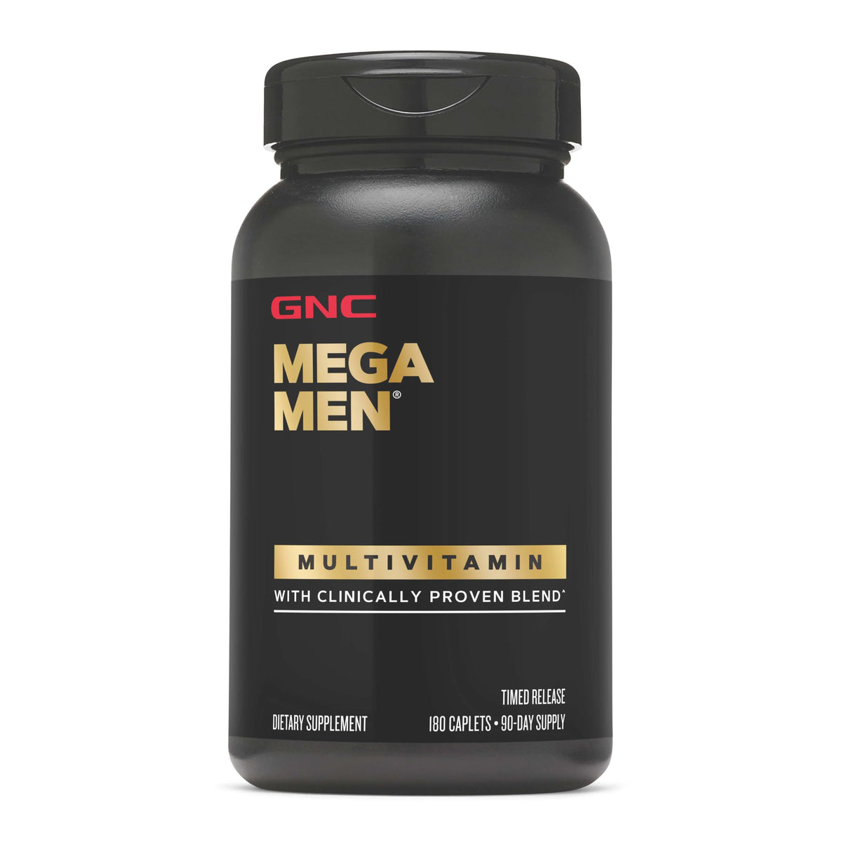 GNC Mega Men frontal del envase mostrando 180 caplets y beneficios claros