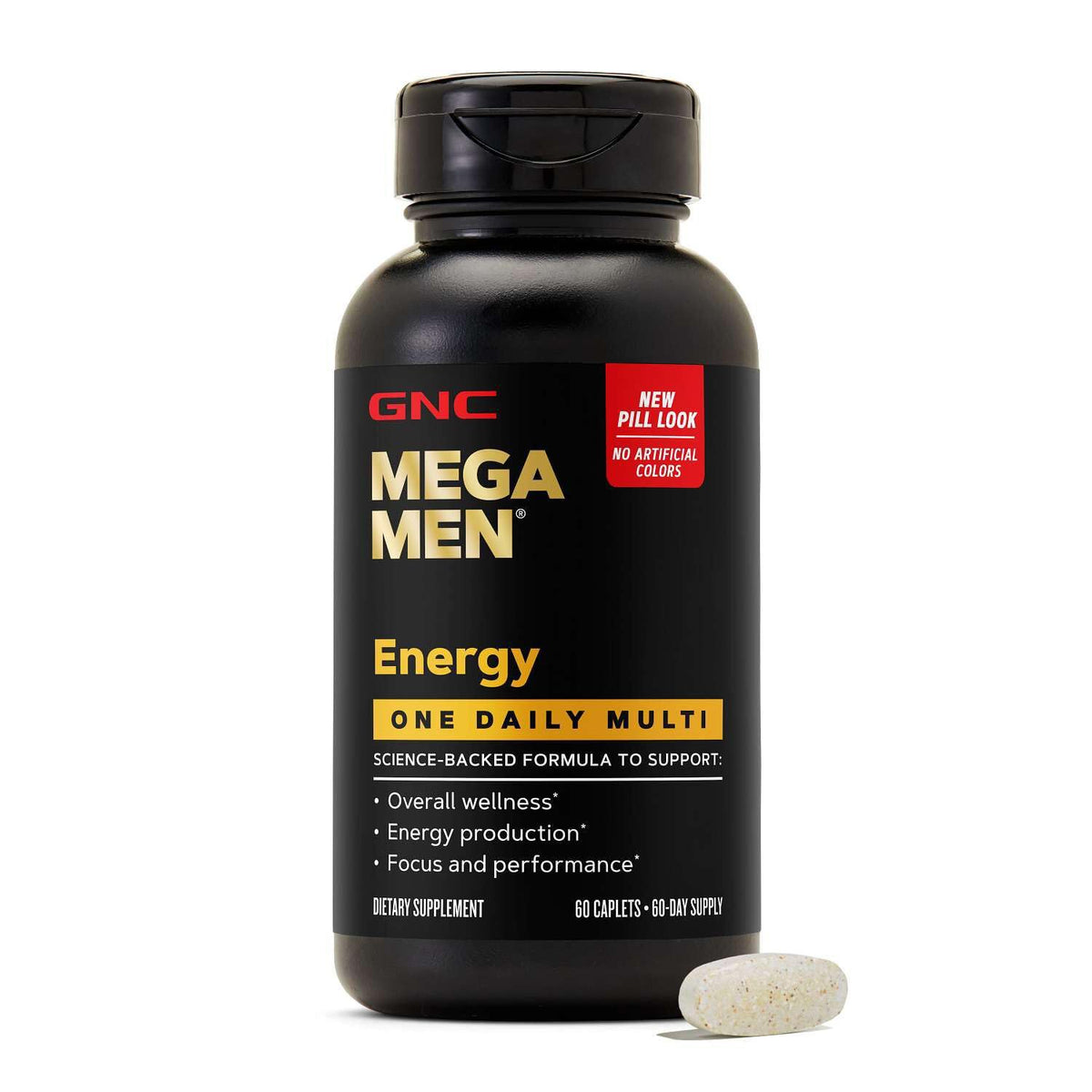 GNC Mega Men vista frontal del envase mostrando la etiqueta y beneficios visibles